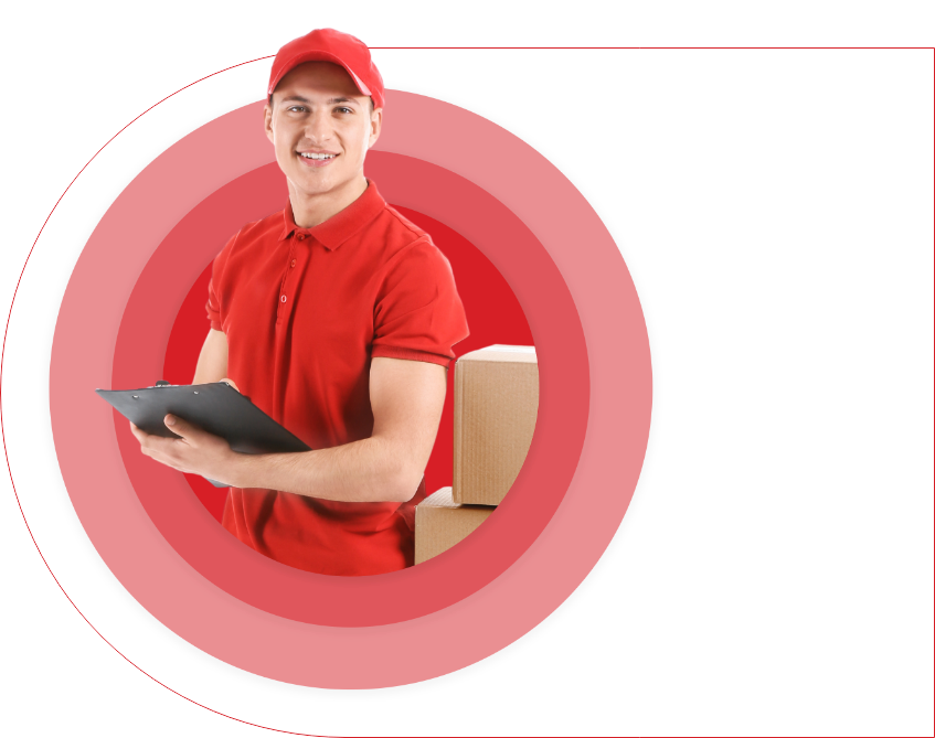 Person in a red shirt with red cap holding a clipboard smiling.